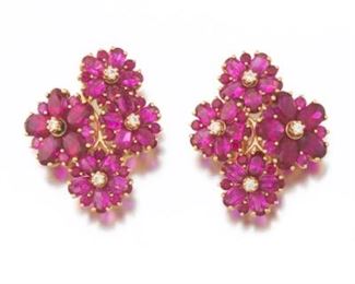 Pair of Flower Synthetic Ruby and Diamond Earrings 