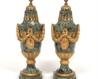 Pair of Louis XVI Style dOre Bronze and Green Porphyry Urns, Louis XVI and Marie Antoinette Medallions 