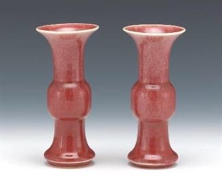 Pair of Peach Bloom Gu Vases