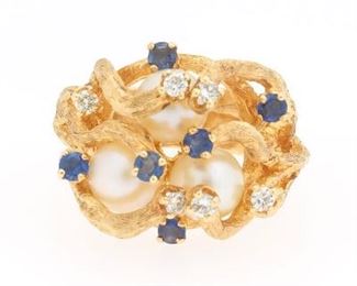 Pearl, Sapphire and Diamond Cluster Ring 