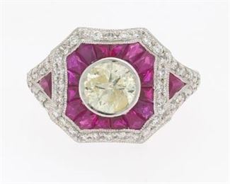 Platinum Art Deco Diamond and Ruby Ring 