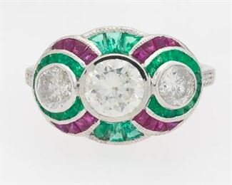 Platinum Art Deco Style Diamond and Gemstone Ring 