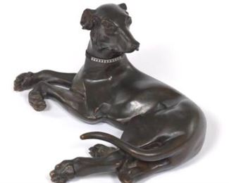 Recumbent Bronze Whippet Sculpture with Clear Stones Collar 