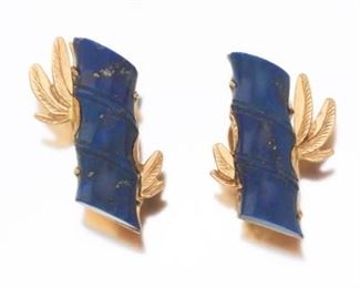 Retro Carved Lapis and Gold Ear Clips 
