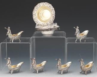 Six Antique Sterling Silver Baroque Style Putto Salt Cellars and Six Sterling Nut Dishes by Woodside Sterling Co. 