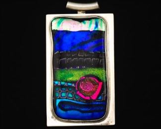 Sterling Silver and Polychrome Amalgamation Art Glass Slider, by H. Mackie 