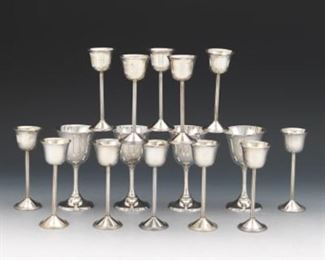 Twelve Sterling Silver Cordials on Long Stem and Four Sterling Sherries by The Randahl Shop 