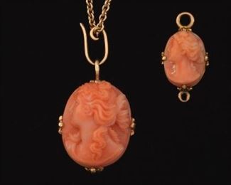 Two Victorian Carved Coral Cameos on Gold Chain 