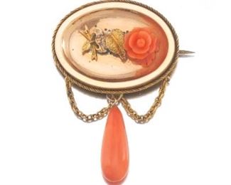Victorian Carved Coral and Gold Filled Brooch 