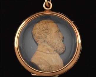 Victorian Gold, Carved Lava Cameo Bust, Crystal Pendant 