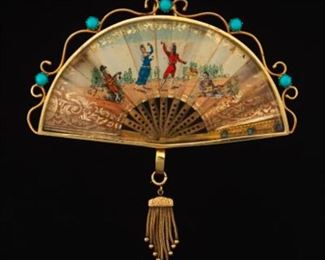 Victorian Gold, Turquoise and Hand Painted Miniature Fan Ornament 