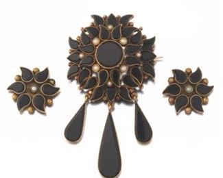 Victorian Onyx and Seed Pearl Brooch and Matching Earrings Suite, ca. 1880 