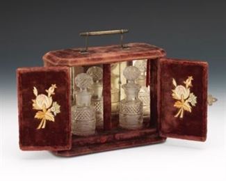 Victorian Velvet Miniature Vanity Cabinet with Scent Bottles, ca. Middle 19th Century