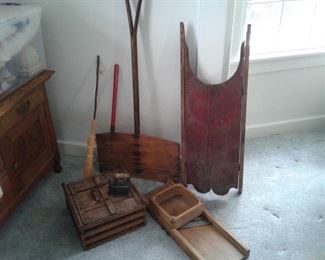 Antique Wooden Sleigh, a Shovel, a Chicken Crate, and More