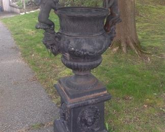 5' high cast iron urn, two pieces