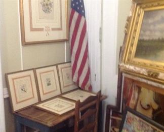 Antique original small desk, beautifuly framed vintage botanical prints