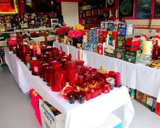 Red Glassware, candles, sconces, silk flowers, M&M collectible in original boxes