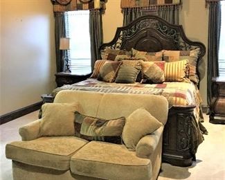 GORGEOUS KING SIZE BED WITH MATCHING NIGHT STANDS, SLEEPER LOVE SEAT