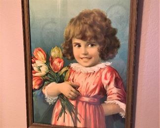 SWEET ANTIQUE FRAMED PRINT OF GIRL WITH TULIPS