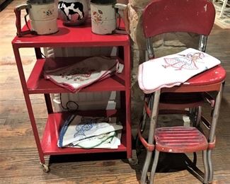 VINTAGE RED KITCHEN CART AND STEP STOOL