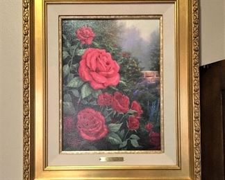 BEAUTIFUL FRAMED SIGNED AND NUMBERED THOMAS KINKADE ON CANVAS WITH COA, TITLED "A PERFECT RED ROSE"