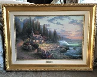BEAUTIFUL FRAMED SIGNED AND NUMBERED THOMAS KINKADE ON CANVAS WITH COA, TITLED "PINE COVE COTTAGE"