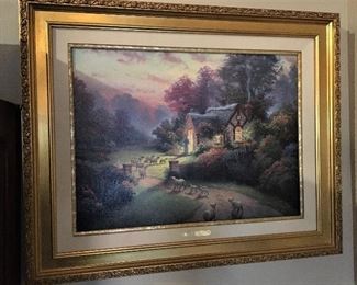BEAUTIFUL FRAMED SIGNED AND NUMBERED THOMAS KINKADE ON CANVAS WITH COA TITLED, "THE GOOD SHEPPERDS COTTAGE"