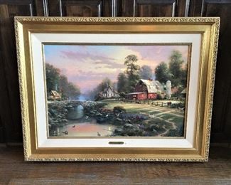 BEAUTIFUL FRAMED SIGNED AND NUMBERED THOMAS KINKADE ON CANVAS WITH COA TITLED, "SUNSET AT RIVERBEND FARM"