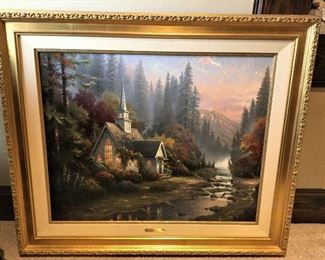 BEAUTIFUL FRAMED SIGNED AND NUMBERED THOMAS KINKADE ON CANVAS WITH COA TITLED, "THE FOREST CHAPEL"