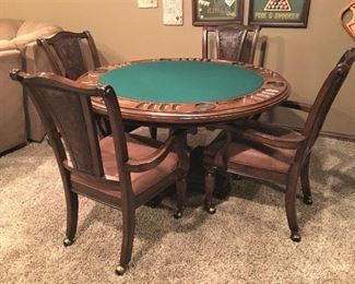 WONDERFUL HIGH END GAME TABLE WITH LEATHER BACK AND SEAT CHAIRS BY HAVERTY'S.  TOP FLIPS FOR GAMING.