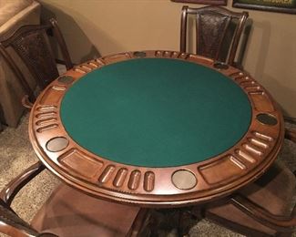 WONDERFUL HIGH END GAME TABLE WITH LEATHER BACK AND SEAT CHAIRS BY HAVERTY'S.  TOP FLIPS FOR GAMING.