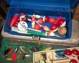 There are about thirty tackle boxes.  Some old, some just used.  Mostly plastic, some metal.  There are some lures, and all will be shown in pictures when we get them all together this week.  Lots of reels.  