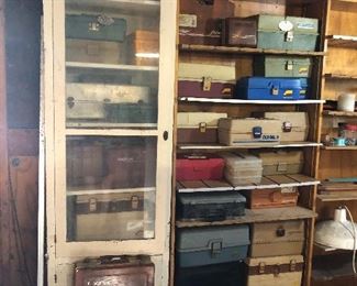 Selection of tackle boxes.  Old, vintage, or just used.  Plastic and metal.  They are all empty.