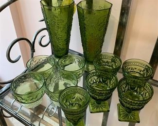 “ Anchor Hocking”  Green Pressed Glass  4 dessert cups -$18  / 5 piece wine goblets $16  / Vases $12 each