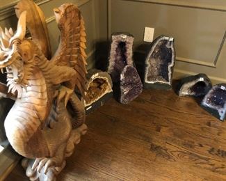 Indonesian Dragon, and large grouping of amethyst crystals