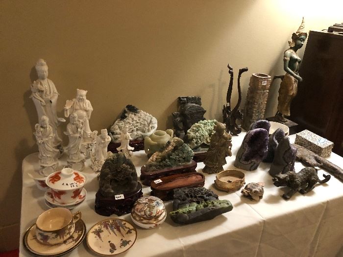 Jade Carvings, Japanese Satsuma pieces, Thai statuary, amethyst crystals