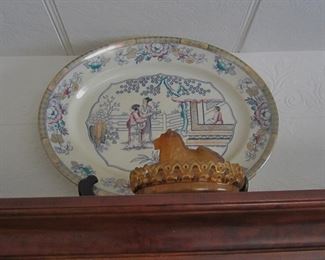 Large platter, antique glass lion dish.