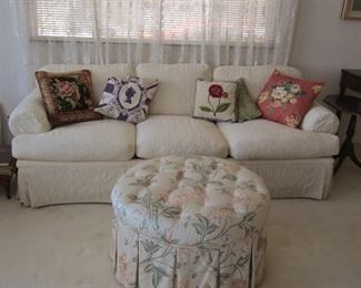 Sofa, pillows, "pouf" ottoman