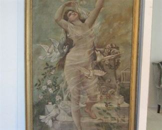 "Lady with Doves"  large 19th c. oil painting, measures 6.5ft x 3.5ft