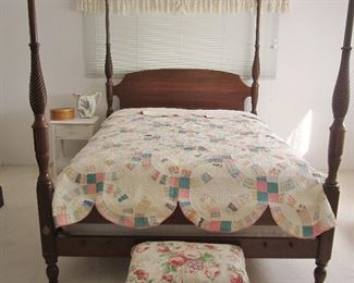 Cherry  four-poster queen bed & Sealy Posture-Pedic Extra Plush mattress, box spring; antique quilt, small white table, Shaker box