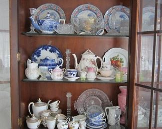 Flow Blue, etc., etc., demi-tasse set, antique glass candle holders