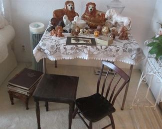 Lion collection, includes pair of large antique Staffordshire lions with glass eyes; child's 19thc. Windsor chair, antique table