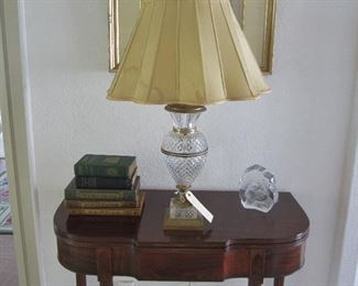 Antique crystal & gilt brass lamp from France, shade needs redo, Federal table