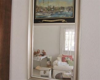 Vintage Trumeau mirror from Essex, Ct., reverse-painted harbor scene
