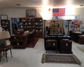 Pennsylvania House and Kling Nightstands in front of tables, Ethan Allen three section bookcase, dining suite to the left (table, chairs, tea cart)