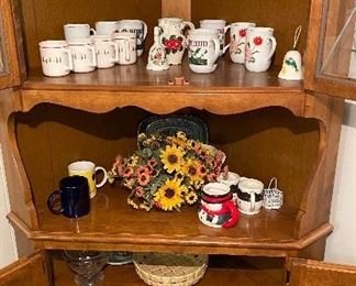 Antique Corner Curio Cabinet Great Condition, Coffee Cups, Silk Flower Arrangements, California Metlox Ceramic Oval Platter & Pitcher, Collectible Bells