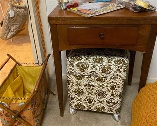 Singer Sewing Machine with Cabinet, Sewing/Crocheting Basket, Ottoman with Storage Space, Assorted Notions