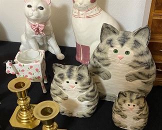 Assorted Kitty Kat Décor, Brass Candlesticks