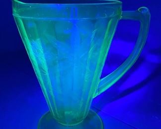 Vintage Green Uranium Depression Glass Floral, Pointsettia Footed Pitcher