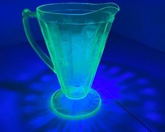 Vintage Green Uranium Depression Glass Floral, Pointsettia Footed Pitcher